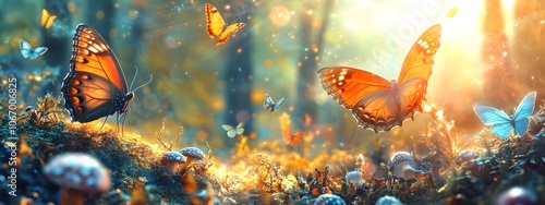 In the forest, mushrooms and butterflies flutter in the air, creating a magical atmosphere