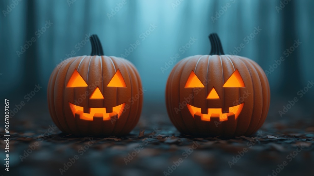 Spooky Carved Pumpkins Glow in Misty Forest Spooky Carved Pumpkins Glow in Misty Forest