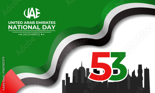 National Day of United Arab Emirates of 53 with  ribbon flag. Waving ribbon in the sky in front of tall buildings Abu Dhabi city. Spirit of the union vector Illustration. eps 10.