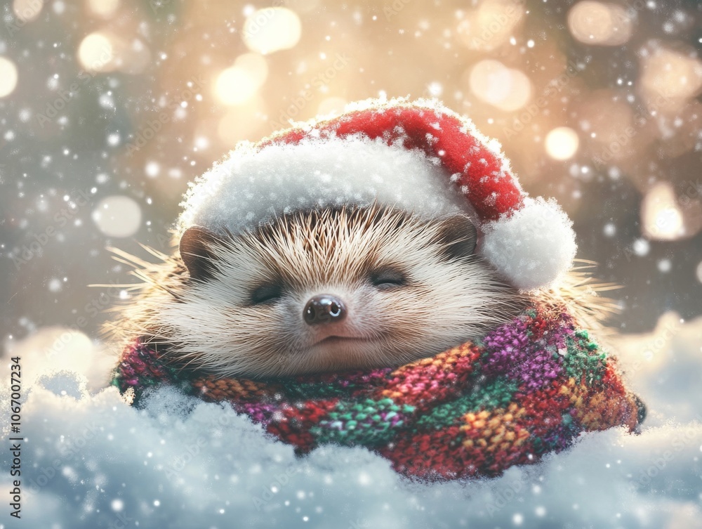 Cozy Sleepy Hedgehog in Santa Hat and Colorful Scarf Snuggled in Snowy Bliss Cozy Sleepy Hedgehog in Santa Hat and Colorful Scarf Snuggled in Snowy Bliss