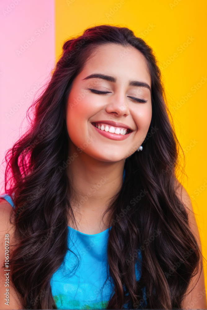Close-up portrait of a smiling young woman with eyes closed, radiating happiness against a vibrant pastel background in pink and yellow tones. Generative AI Close-up portrait of a smiling young woman with eyes closed, radiating happiness against a vibrant pastel background in pink and yellow tones. Generative AI