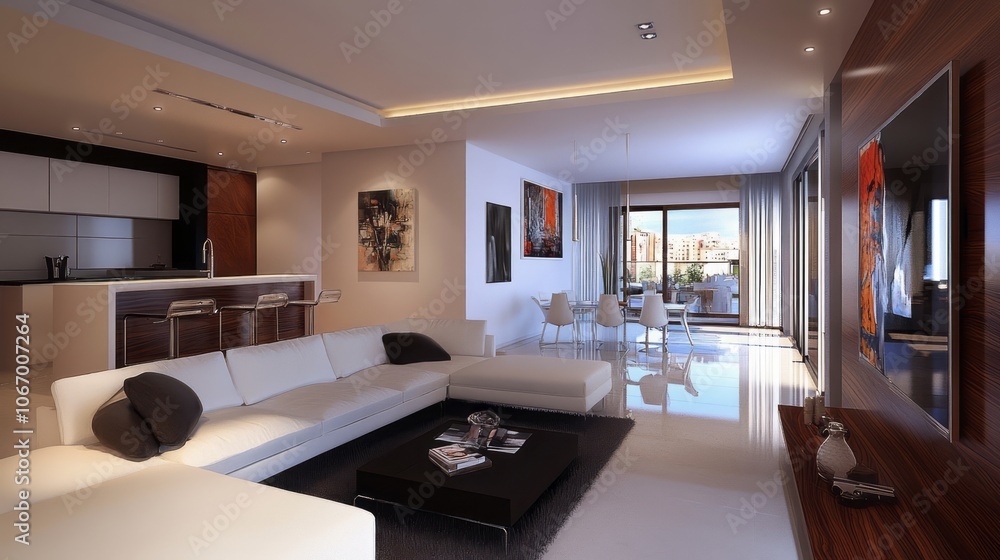 Fototapeta premium Modern Living Room with White Sofa, Black Pillows, and City View
