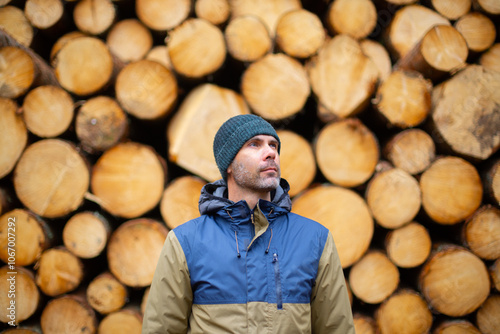 middle-aged caucasian man in hat and jacket stands in front of logs
