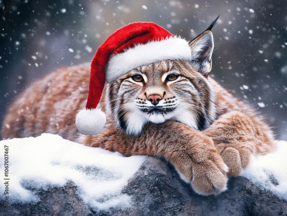 Cozy Lynx in Santa Hat on Snowy Rock, Exuding Serenity and Contentment in Winter Scenery Cozy Lynx in Santa Hat on Snowy Rock, Exuding Serenity and Contentment in Winter Scenery