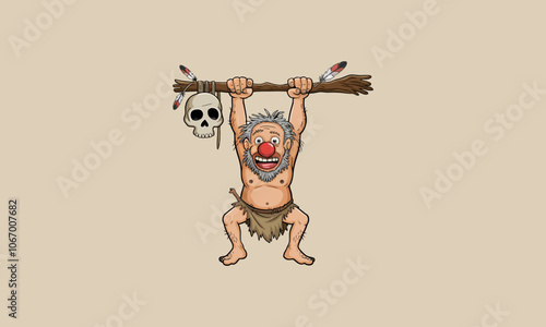 Cartoon caveman with skull-topped staff and feathers