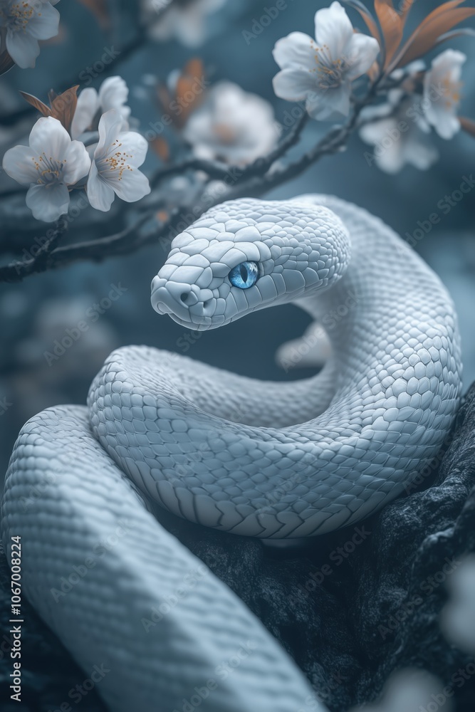 Fototapeta premium Captivating white snake with striking blue eyes coiled among blossoms, creating a magical nature scene.