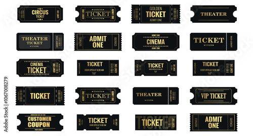 Vector big set of black luxury ticket template white isolated background. Invite ticket for casino, theater, cinema, movie, coupon, voucher.