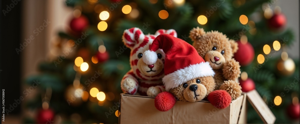 Christmas teddy bears in a box with a decorated tree in the background
Christmas teddy bears in a box with a decorated tree in the background
