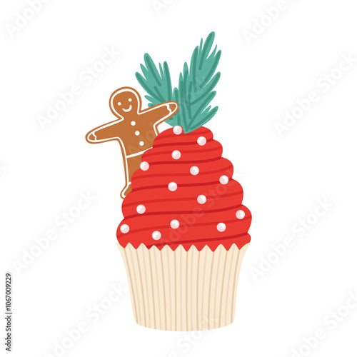 Cupcake decorated with gingerbread cookie man, rosemary and sprinkles. Sweet holiday decorated creamy dessert. Food flat vector illustration isolated on white background