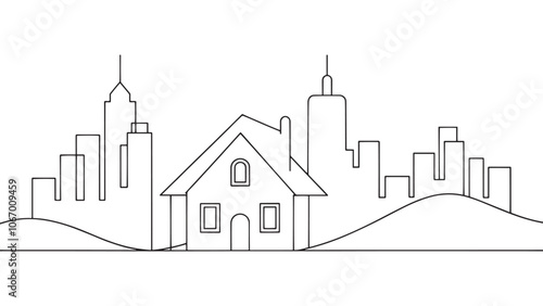 Cityscape with a village small house continuous line art isolated on white background