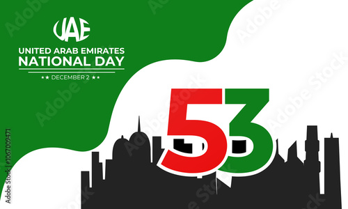 National Day of United Arab Emirates of 53 with  ribbon flag. Waving ribbon in the sky in front of tall buildings Abu Dhabi city. Spirit of the union vector Illustration. eps 10.