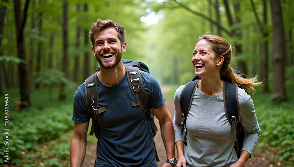 A couple hiking with backpacks in the forest A couple hiking with backpacks in the forest