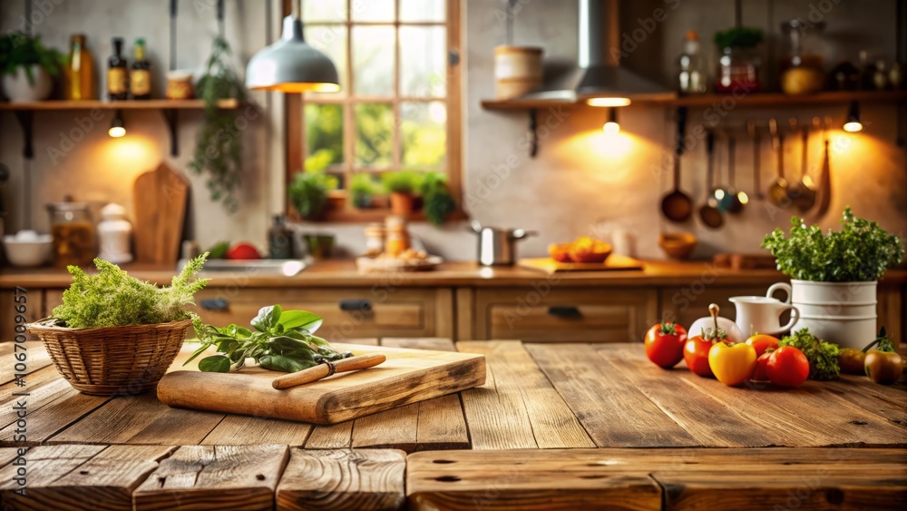 Rustic Wooden Tabletop with Defocused Kitchen Background Ideal for Food Photography, Capturing the Essence of Culinary Delight and Home Cooking Vibes in a Warm, Inviting Atmosphere Rustic Wooden Tabletop with Defocused Kitchen Background Ideal for Food Photography, Capturing the Essence of Culinary Delight and Home Cooking Vibes in a Warm, Inviting Atmosphere