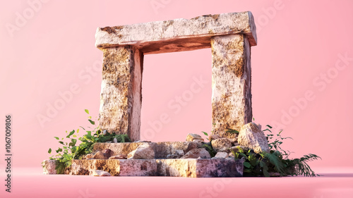 Ancient stone ruins with overgrown plants on pink background evoke sense of mystery and exploration