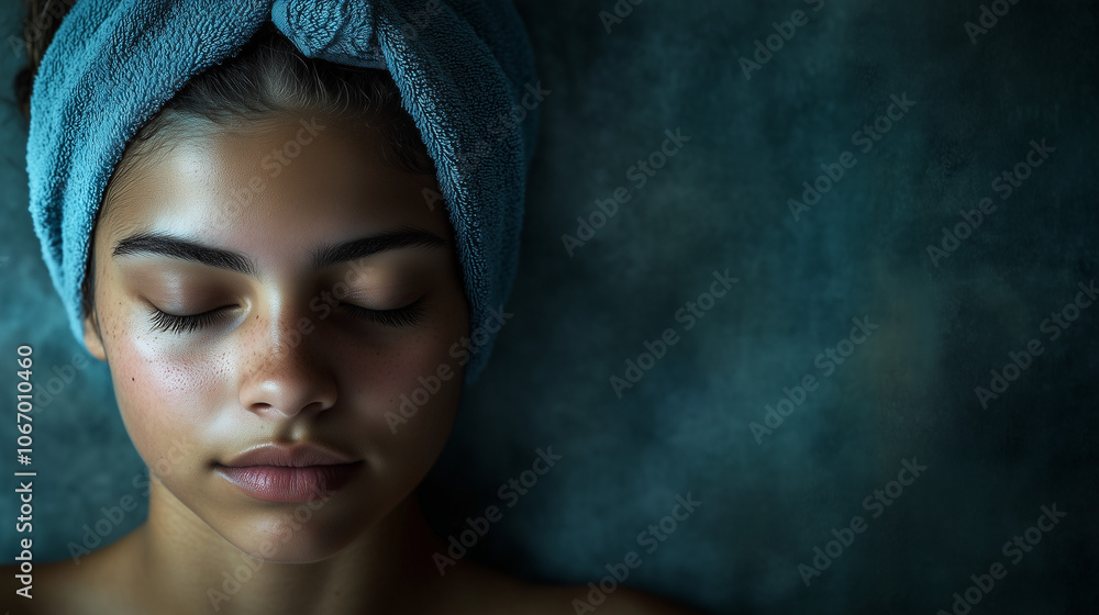 Fototapeta premium Young woman relaxing in a steam sauna with eyes closed