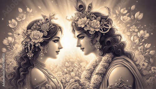 black and white image of Radha and Krishna