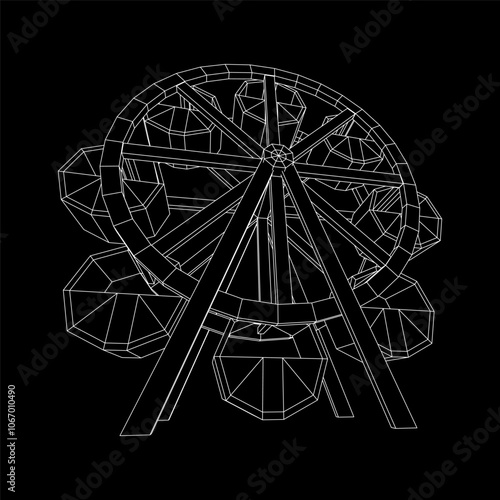 Ferris wheel with airballoon spinning amusement park. Wireframe low poly mesh vector illustration.