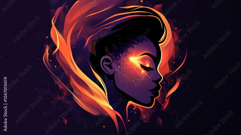 Portrait of a Woman with Fiery Hair, Digital Art Depicting Artificial Intelligence and Beauty Portrait of a Woman with Fiery Hair, Digital Art Depicting Artificial Intelligence and Beauty