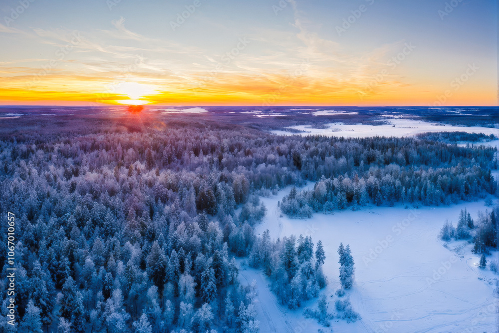 A breathtaking aerial view of a winter landscape in Lapland at sunset, showcasing snow-covered forests and vast, open plains bathed in warm, golden light. Generative AI