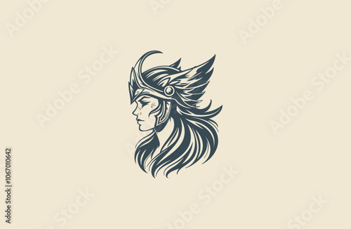 valkyrie women warrior logo engraving vector vintage design