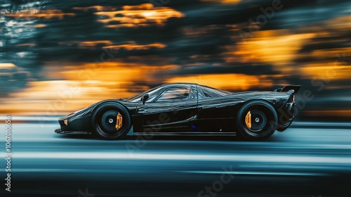 A black sports car in motion with a blurred background showcases original design and speed.