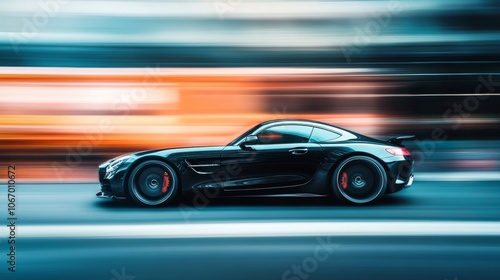 A black sports car in motion with a blurred background showcases original design and speed.