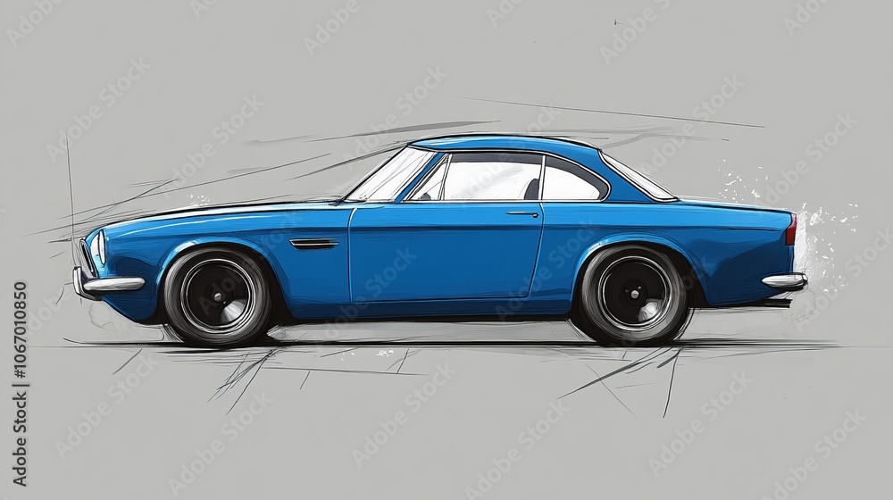 Obraz premium A blue car, drawn with smooth lines and soft shadows, is sketched in a three-quarter view on a gray background, showcasing a modern artistic touch.