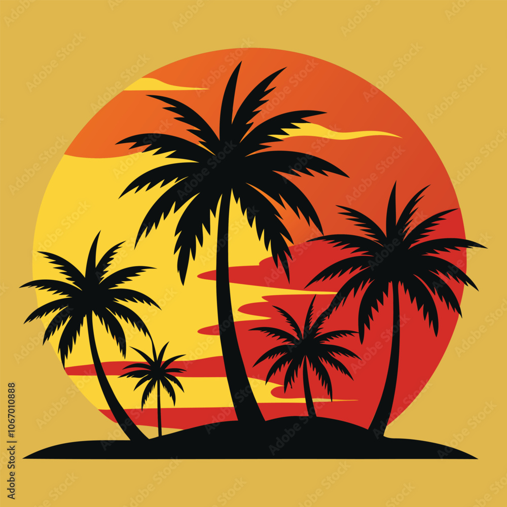 summer background vector with palm tree silhouettes and sunset summer background vector with palm tree silhouettes and sunset