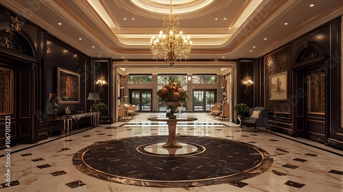 A Luxurious Hotel Entrance with a Beautiful Chandelier and Elegant Decor 