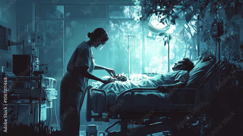 Nurse providing care to a patient in a hospital room1 Nurse providing care to a patient in a hospital room1