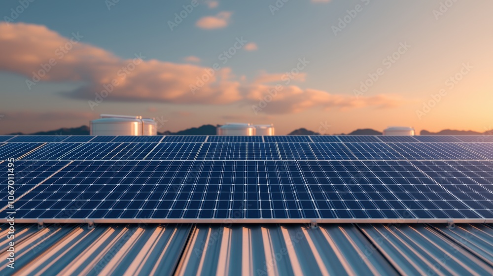 Large-Scale Solar Thermal Plant at Sunset