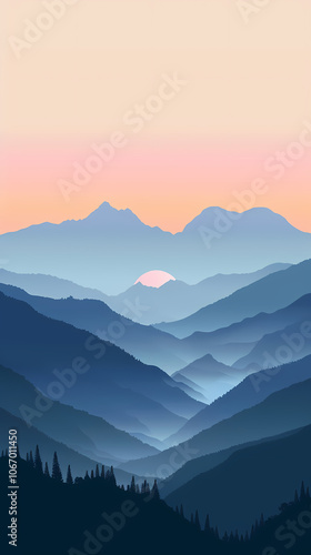 A serene mountain landscape at sunset, showcasing layered blue hills and a soft pink sun peeking through the peaks.