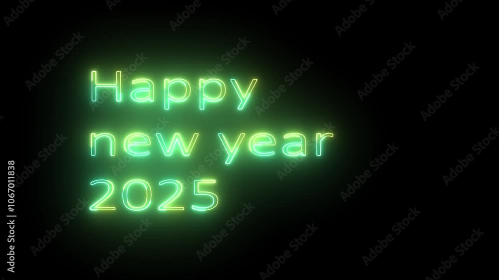 Glowing neon line happy new year 2025 isolated on black background. Concept of new year beginning with green and yllow color. Glowing neon line happy new year 2025 isolated on black background. Concept of new year beginning with green and yllow color.