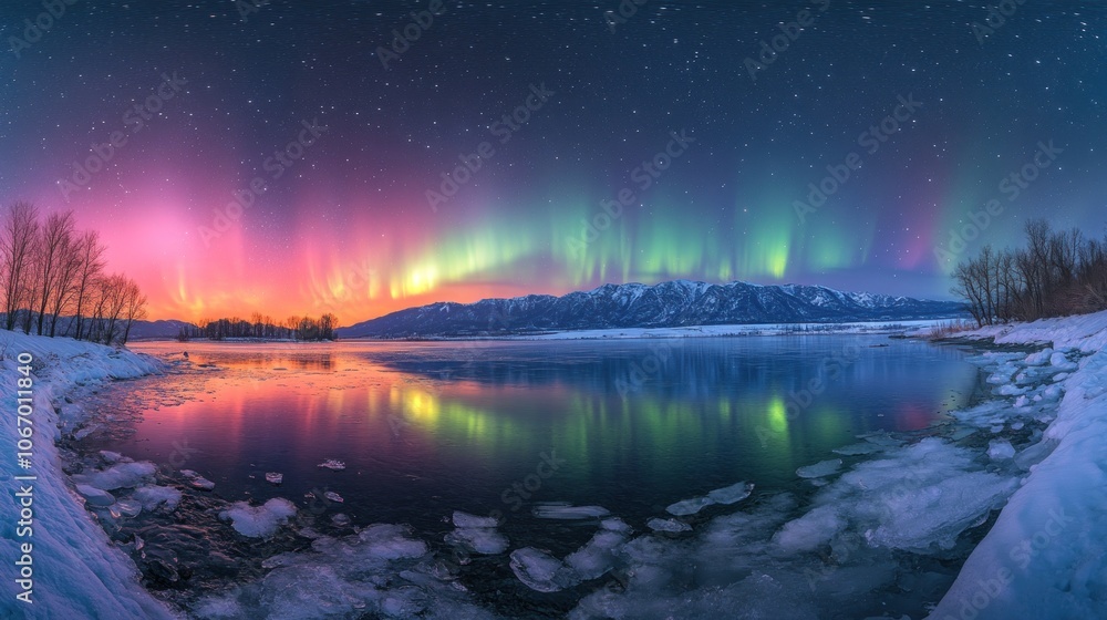 Northern Lights Reflecting in a Frozen Lake with Mountains and Starry Sky Northern Lights Reflecting in a Frozen Lake with Mountains and Starry Sky