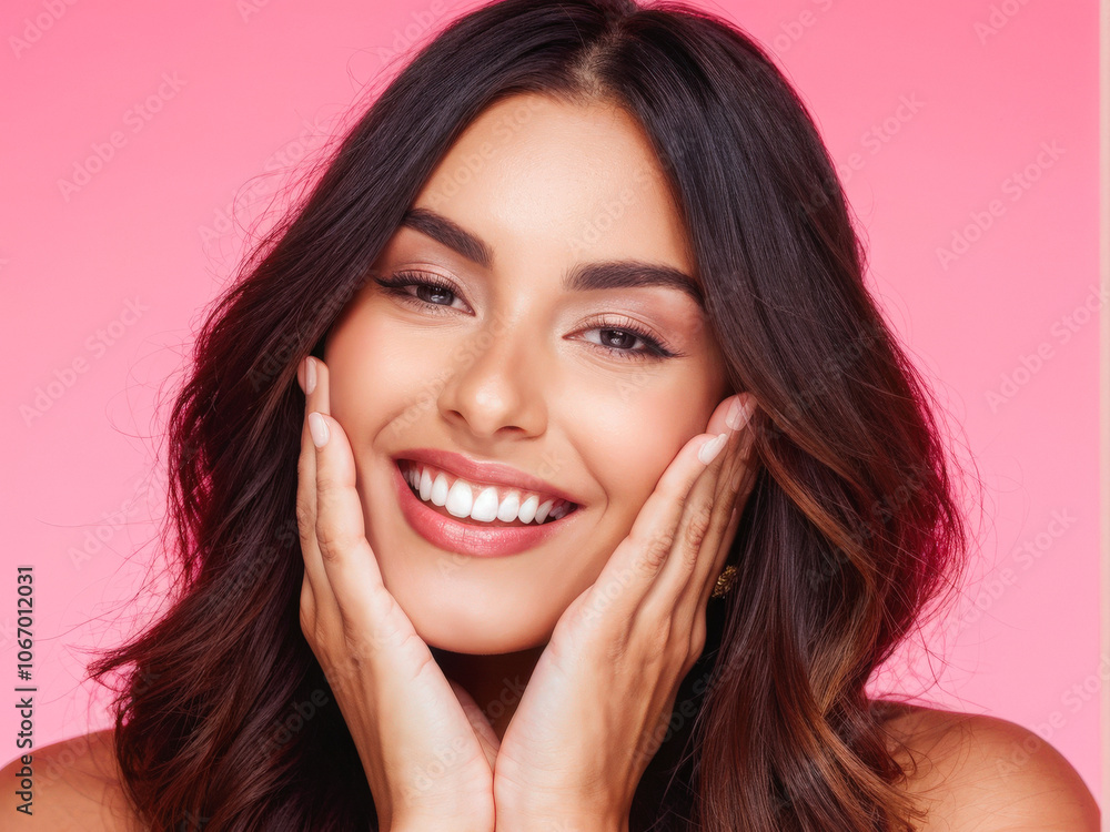 Close-up portrait of a smiling woman with glowing skin and a bright expression, her hand gently resting on her face against a vibrant pink background. Generative AI Close-up portrait of a smiling woman with glowing skin and a bright expression, her hand gently resting on her face against a vibrant pink background. Generative AI