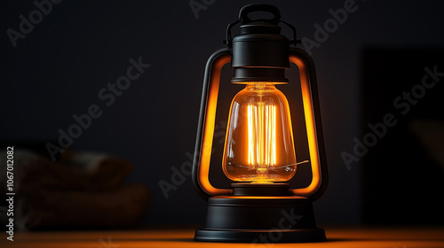 Vintage lantern emitting warm light on dark background.