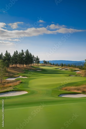 Scenic Green Golf Course with Lush Fairways and Picturesque Landscape in Sunny Weather