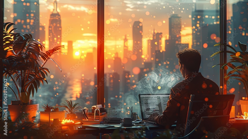 A busy office hums with activity as employees settle in for the day. One worker leans back in their chair, taking a deep sip of coffee, the steam swirling in the cool air as the city skyline glows out A busy office hums with activity as employees settle in for the day. One worker leans back in their chair, taking a deep sip of coffee, the steam swirling in the cool air as the city skyline glows out