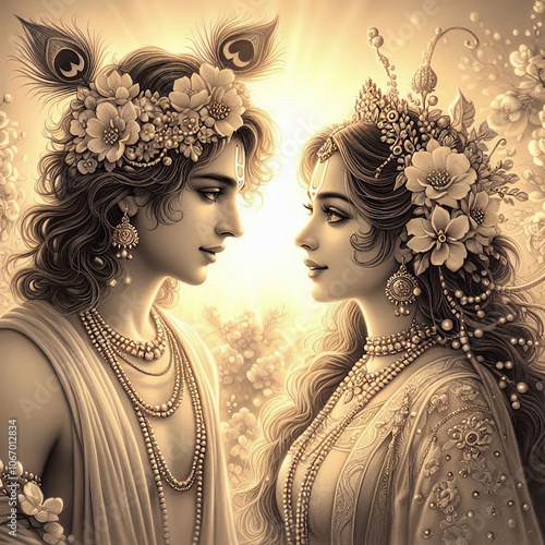 black and white image of Krishna and Radha