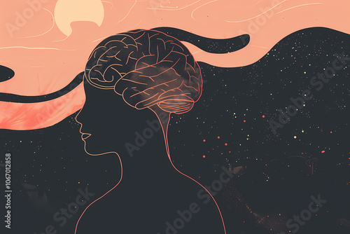 A silhouetted figure with a brain depicted artistically, surrounded by a cosmic scene of stars and swirling colors, evoking thoughts and creativity.