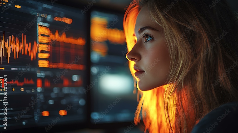 Female coder at her desk in a vibrant tech office, surrounded by monitors with code, graphs, and data analysis tools displayed Female coder at her desk in a vibrant tech office, surrounded by monitors with code, graphs, and data analysis tools displayed