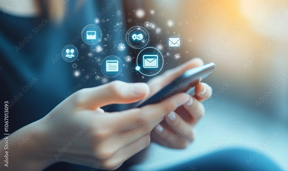 Close-up of hands holding a smartphone with a chatbot interface on the screen, icons of customer service tools like email, chat, and phone surrounding Close-up of hands holding a smartphone with a chatbot interface on the screen, icons of customer service tools like email, chat, and phone surrounding
