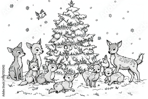 Christmas coloring pages with Christmas tree, snowman, wreath