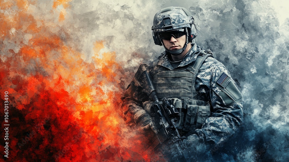A military background in an abstract design features army elements and defense themes. A military background in an abstract design features army elements and defense themes.