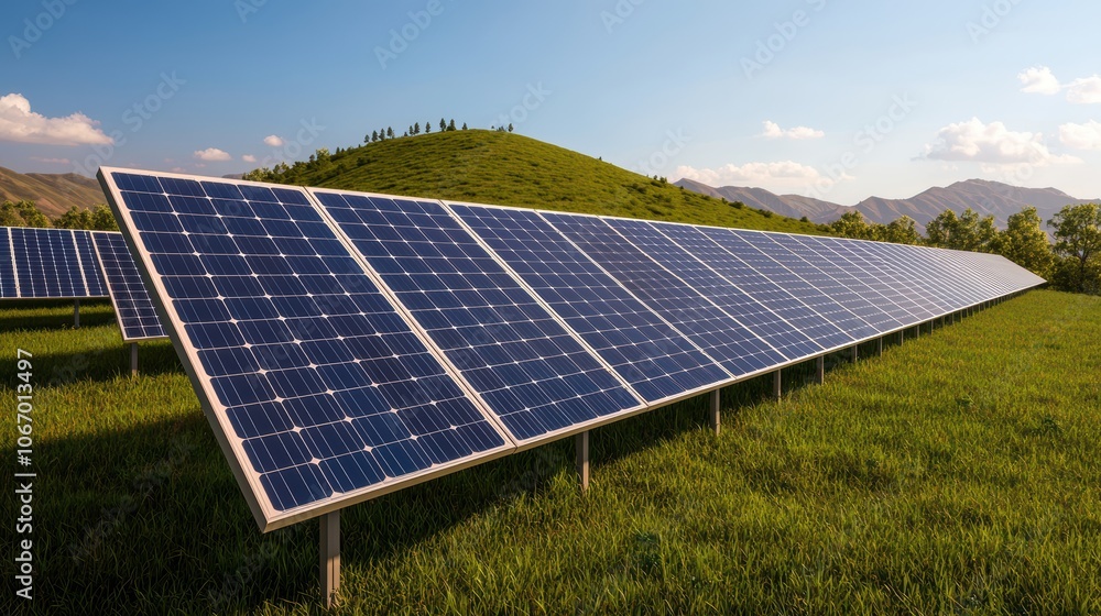 Solar Panels in Geometric Arrangement on Green Hill