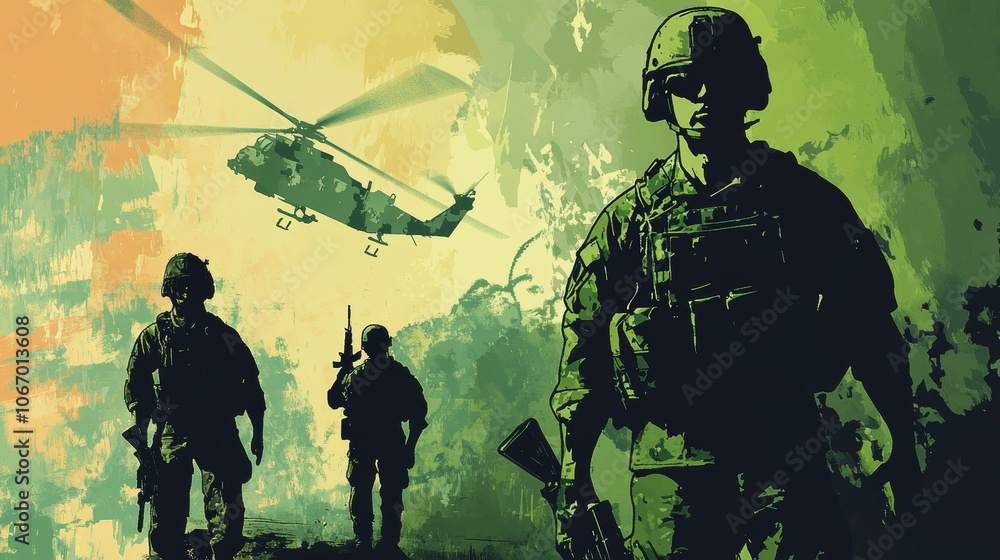 A military background in an abstract design features army elements and defense themes. A military background in an abstract design features army elements and defense themes.