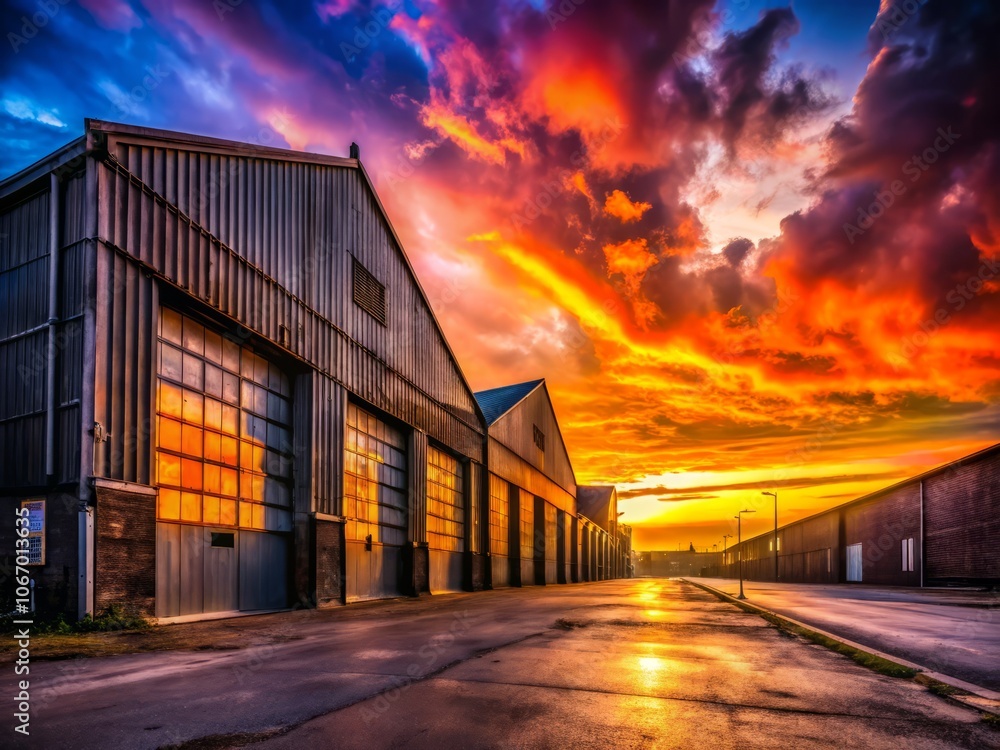 Silhouette of Empty Warehouses at Sunset with Long Shadows and Industrial Elements for Stock Photography Use Silhouette of Empty Warehouses at Sunset with Long Shadows and Industrial Elements for Stock Photography Use