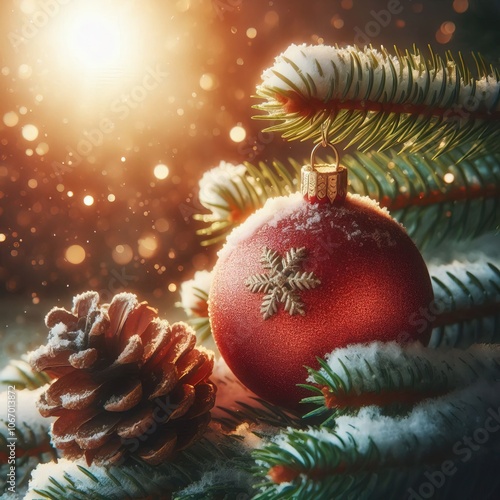 Christmas tree branch covered with snow close-up decorated with Christmas balls