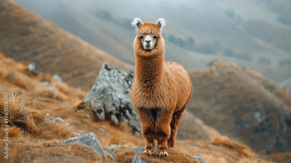 Fototapeta premium Adorable alpaca on a mountain top.