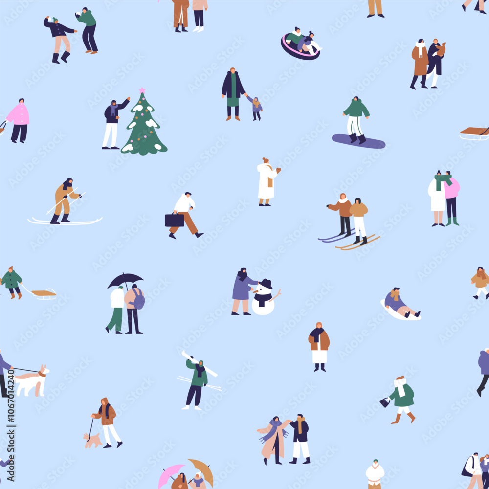 Fototapeta premium People have fun in winter holidays repeatable pattern. Happy friends, couples ski, play snowballs, walk outdoors. Endless background with wintertime activities. Flat seamless vector illustration